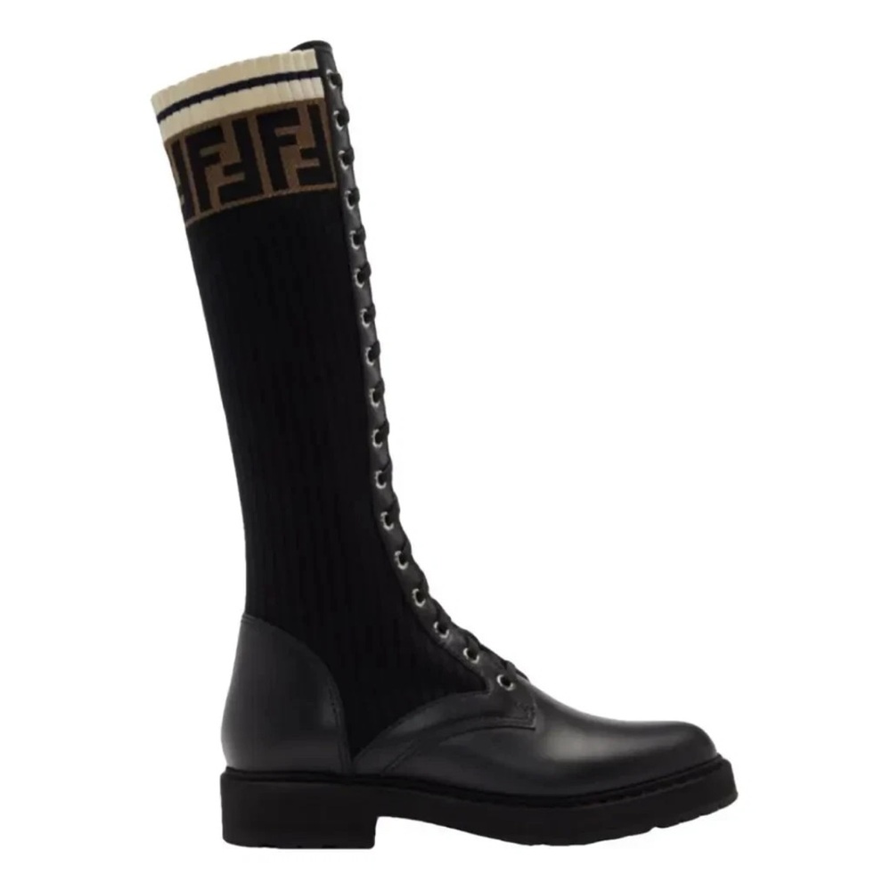 Fendi Black and Brown Lace-Up Knee Boots